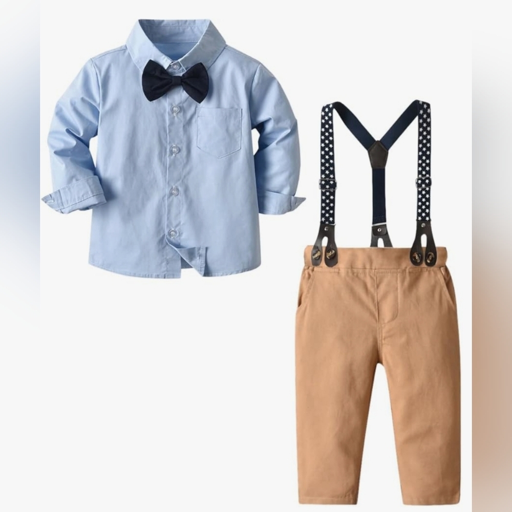 Sangtree Boy's Dress Shirt with Bowtie + Suspender Pants Set 4-5 Years